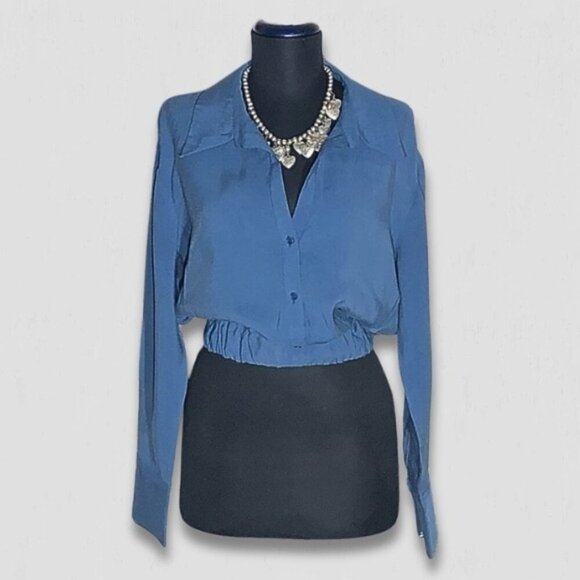 Zara Cropped Blouse Long Sleeve Button Front Blue Small - Picture 1 of 11